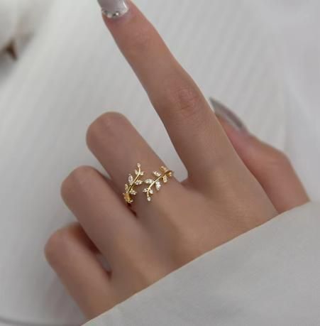 Gold Plated Crystal CZ Open Branch Leaf Adjustable Finger Ring