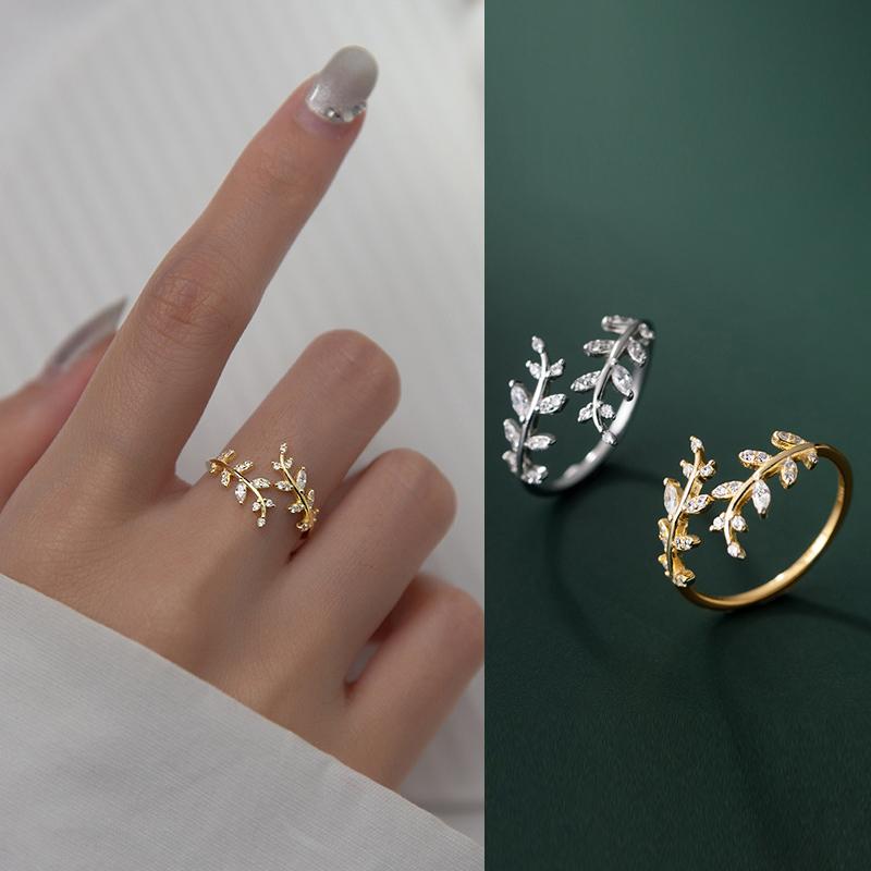 Gold Plated Crystal CZ Open Branch Leaf Adjustable Finger Ring