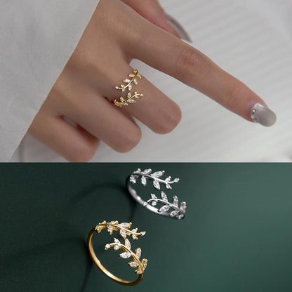 Gold Plated Crystal CZ Open Branch Leaf Adjustable Finger Ring