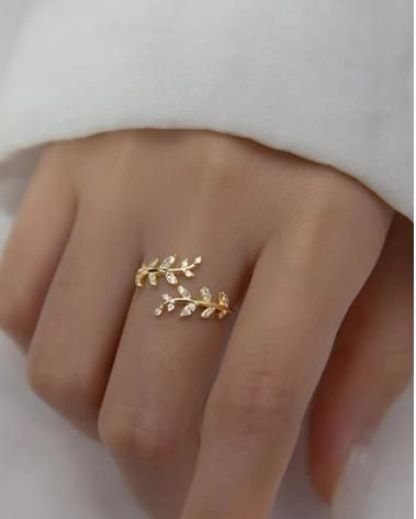 Gold Plated Crystal CZ Open Branch Leaf Adjustable Finger Ring