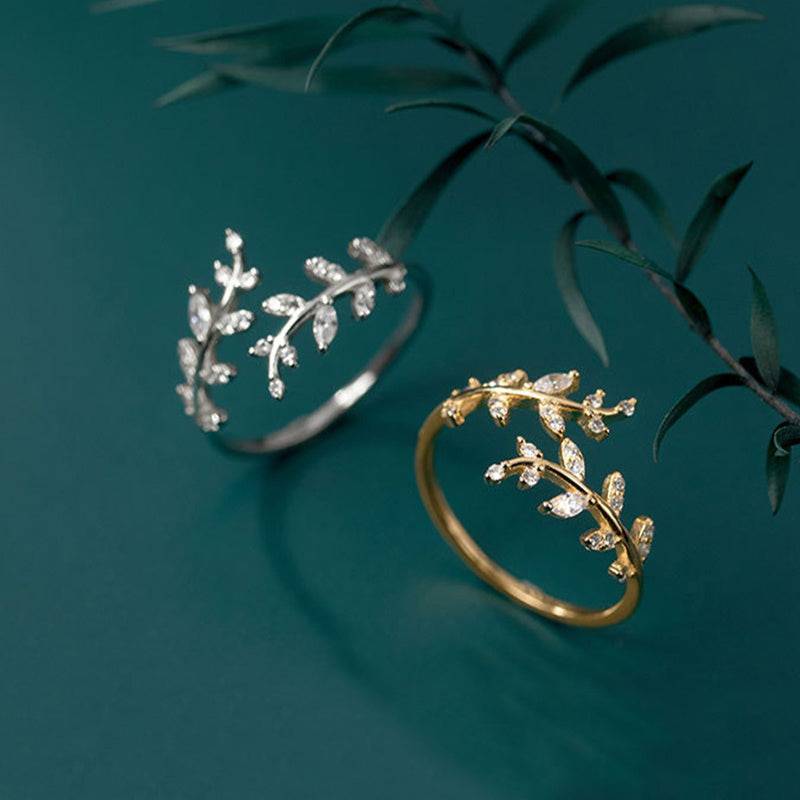 Gold Plated Crystal CZ Open Branch Leaf Adjustable Finger Ring