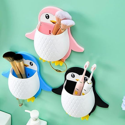 Toothbrush Holder Penguin Wall Mounted Storage Rack, Multi functional Wall Hanging for Makeup Tools Pens Kitchen Chopsticks Bathroom Living Room Storage (2 Pcs Combo)