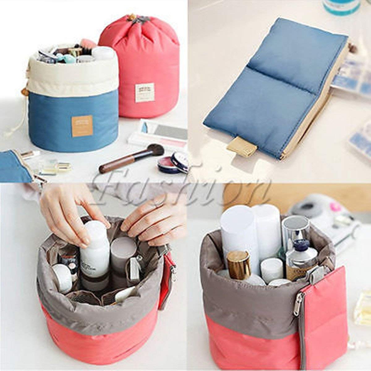 Travel Waterproof Barrel Makeup, Portable Foldable Cases, Bucket Round Storage Organizer Cosmetic Bags