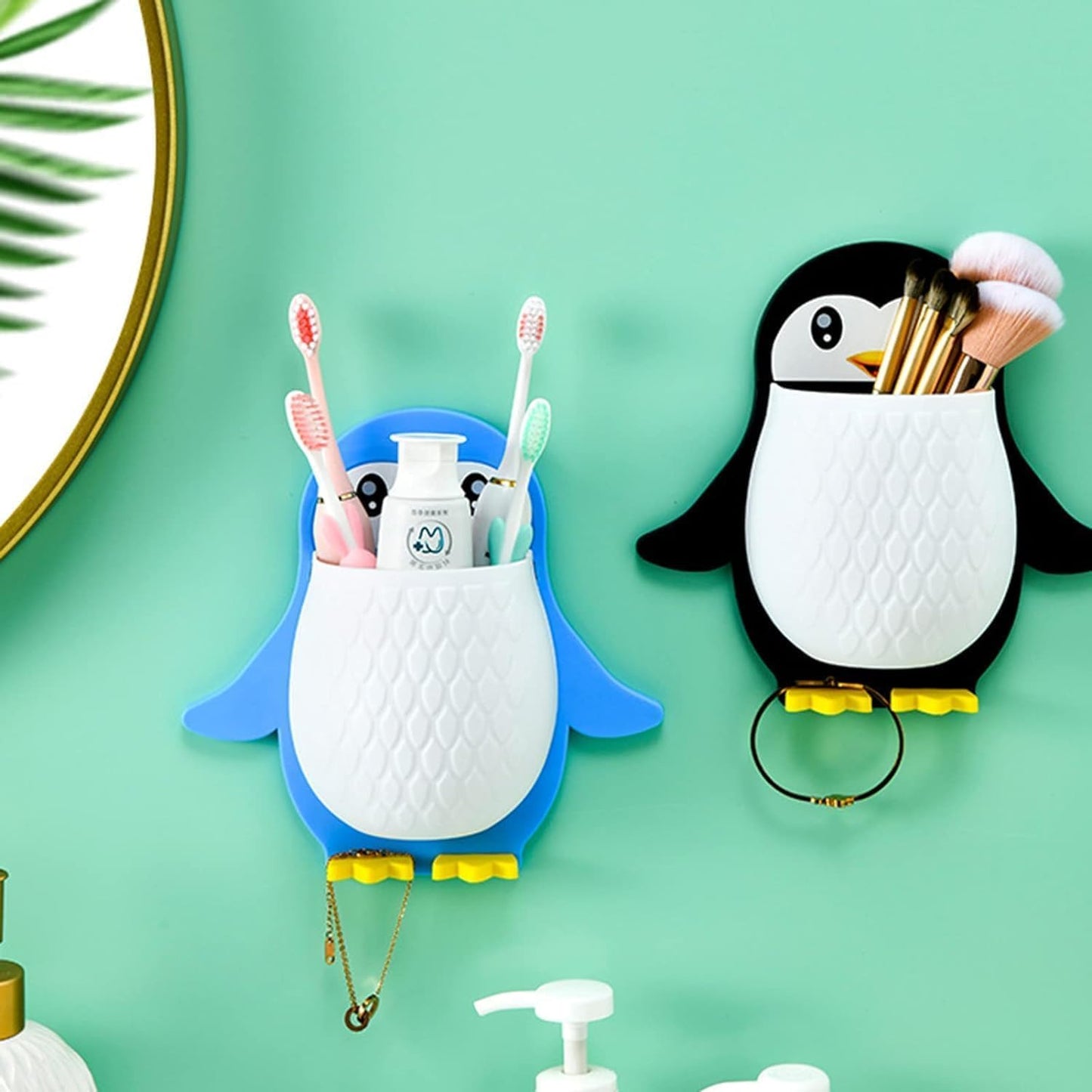 Toothbrush Holder Penguin Wall Mounted Storage Rack, Multi functional Wall Hanging for Makeup Tools Pens Kitchen Chopsticks Bathroom Living Room Storage (2 Pcs Combo)